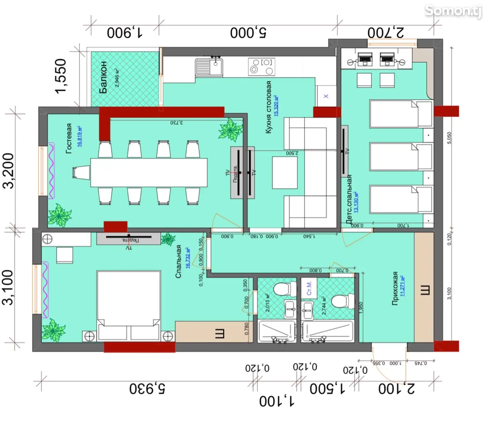 3-комн. квартира, 1 этаж, 84 м², К Дустии Халкхо-1