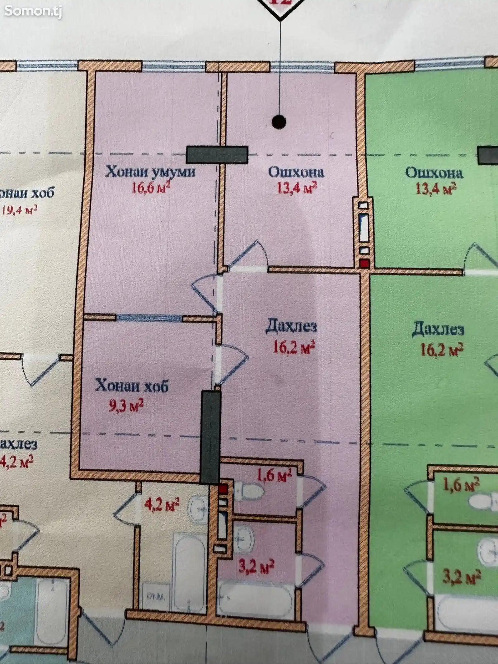 2-комн. квартира, 3 этаж, 60 м², назди хукумат-2