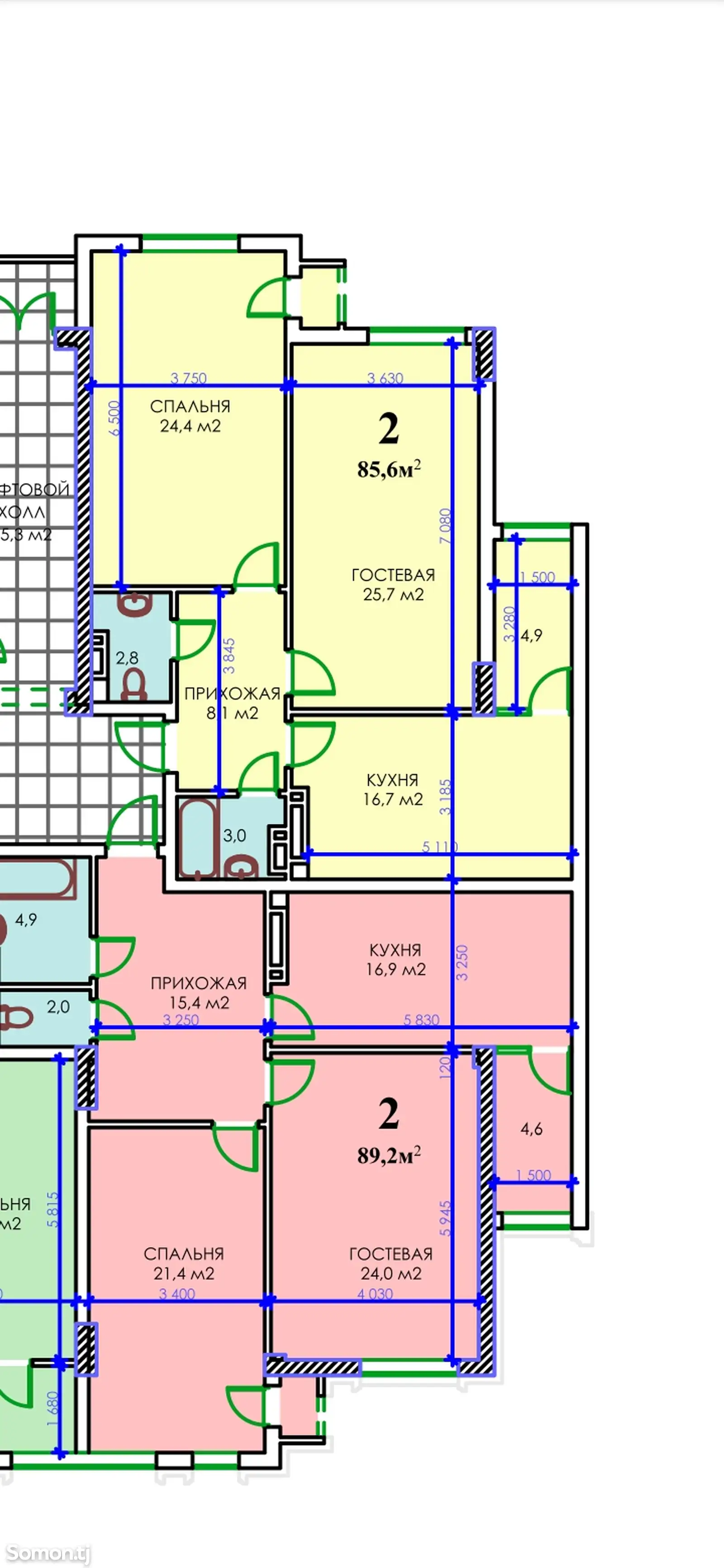 2-комн. квартира, 8 этаж, 86 м², Сомони-2