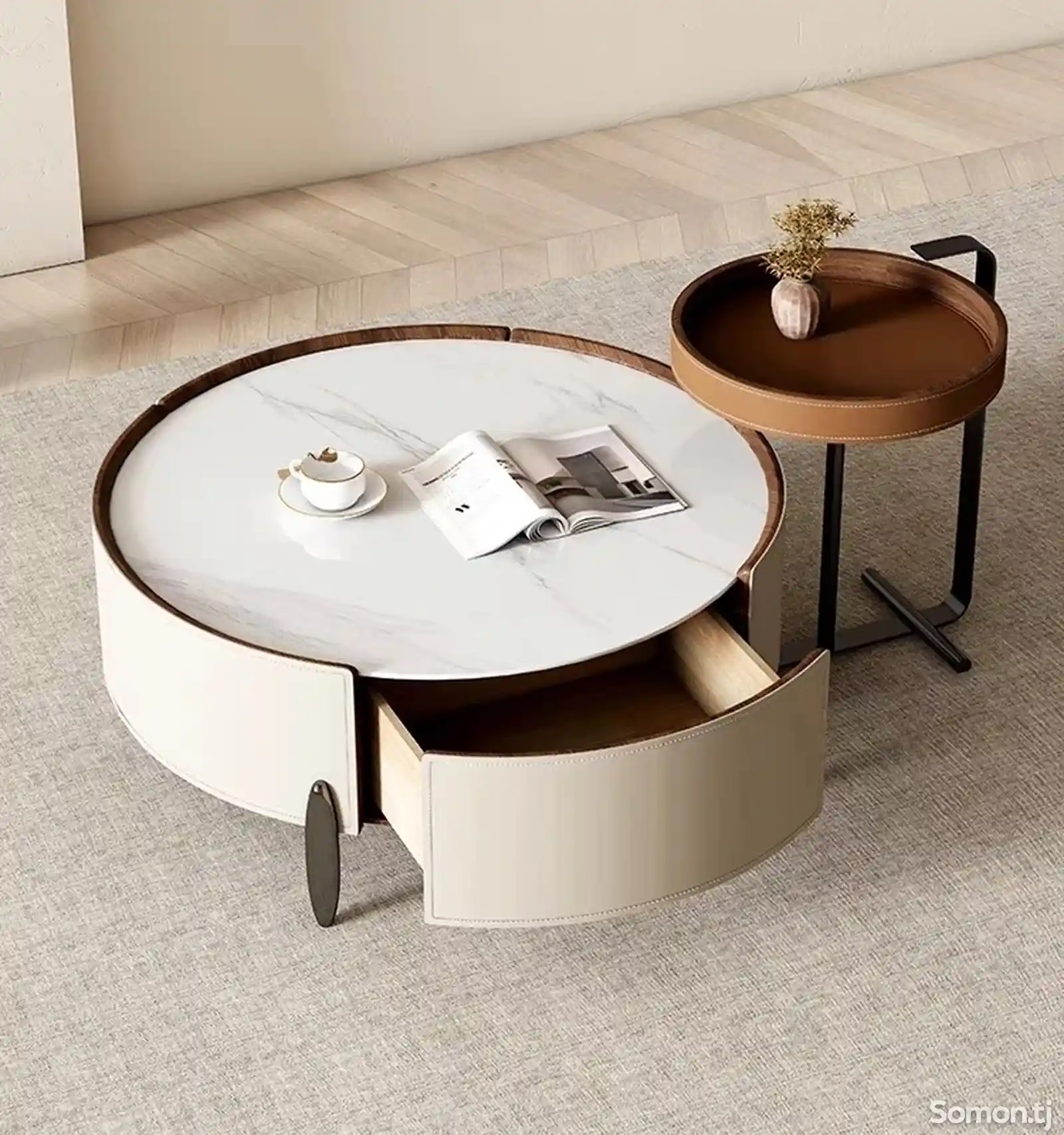 Круглый кофейный столик из искусственного мрамора-4