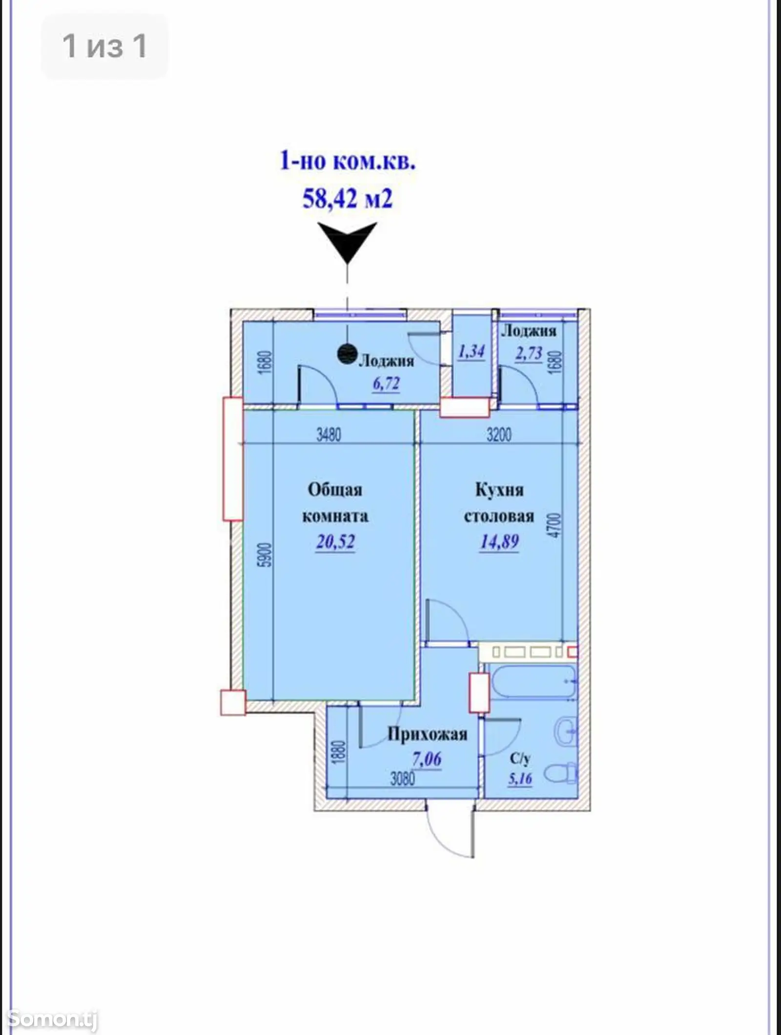 1-комн. квартира, 3 этаж, 58 м², Шохмансур-1