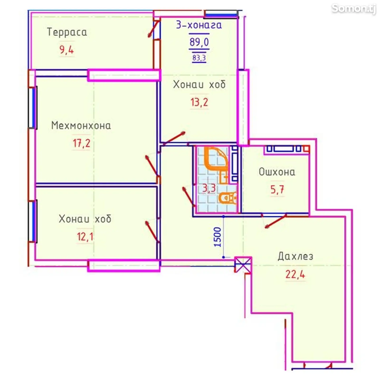 2-комн. квартира, 11 этаж, 83 м², Сино-1