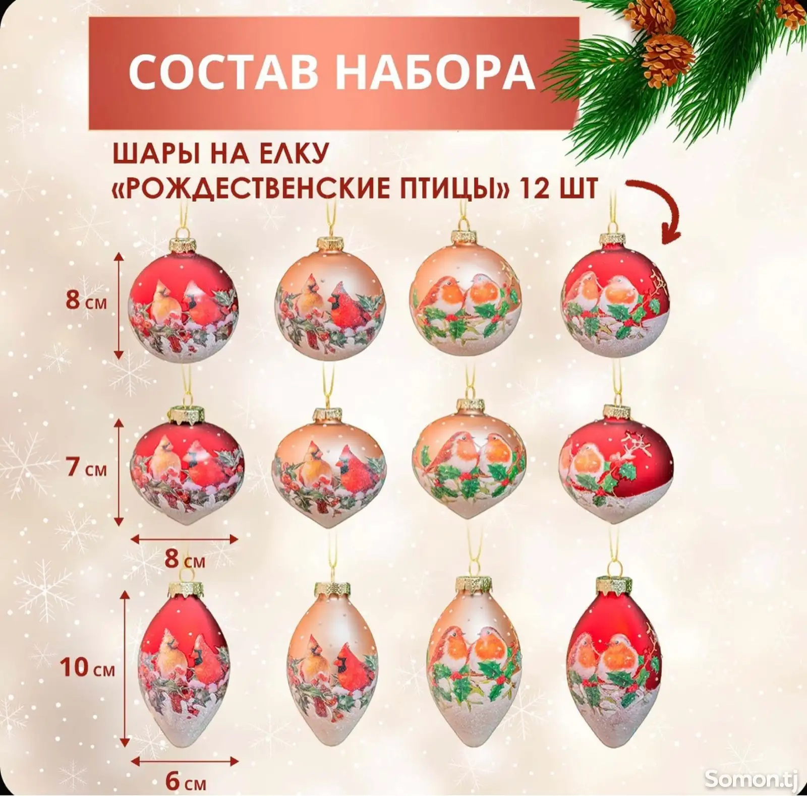 Новогодние елочные стеклянные игрушки, набор, разноцветные, 12 шт-1