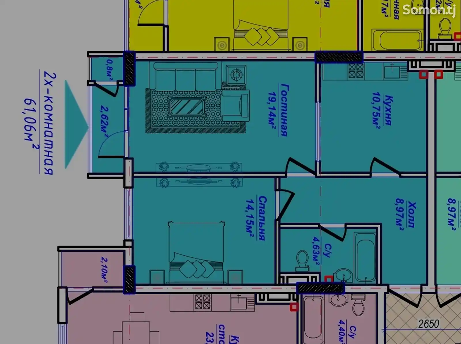 2-комн. квартира, 1 этаж, 61 м², 33 мкр-2