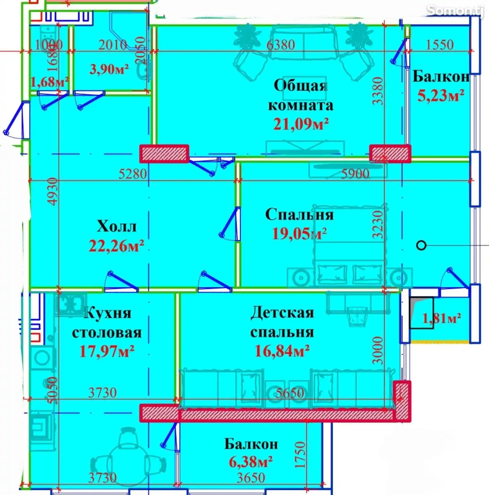 3-комн. квартира, 8 этаж, 116 м², Сино-9