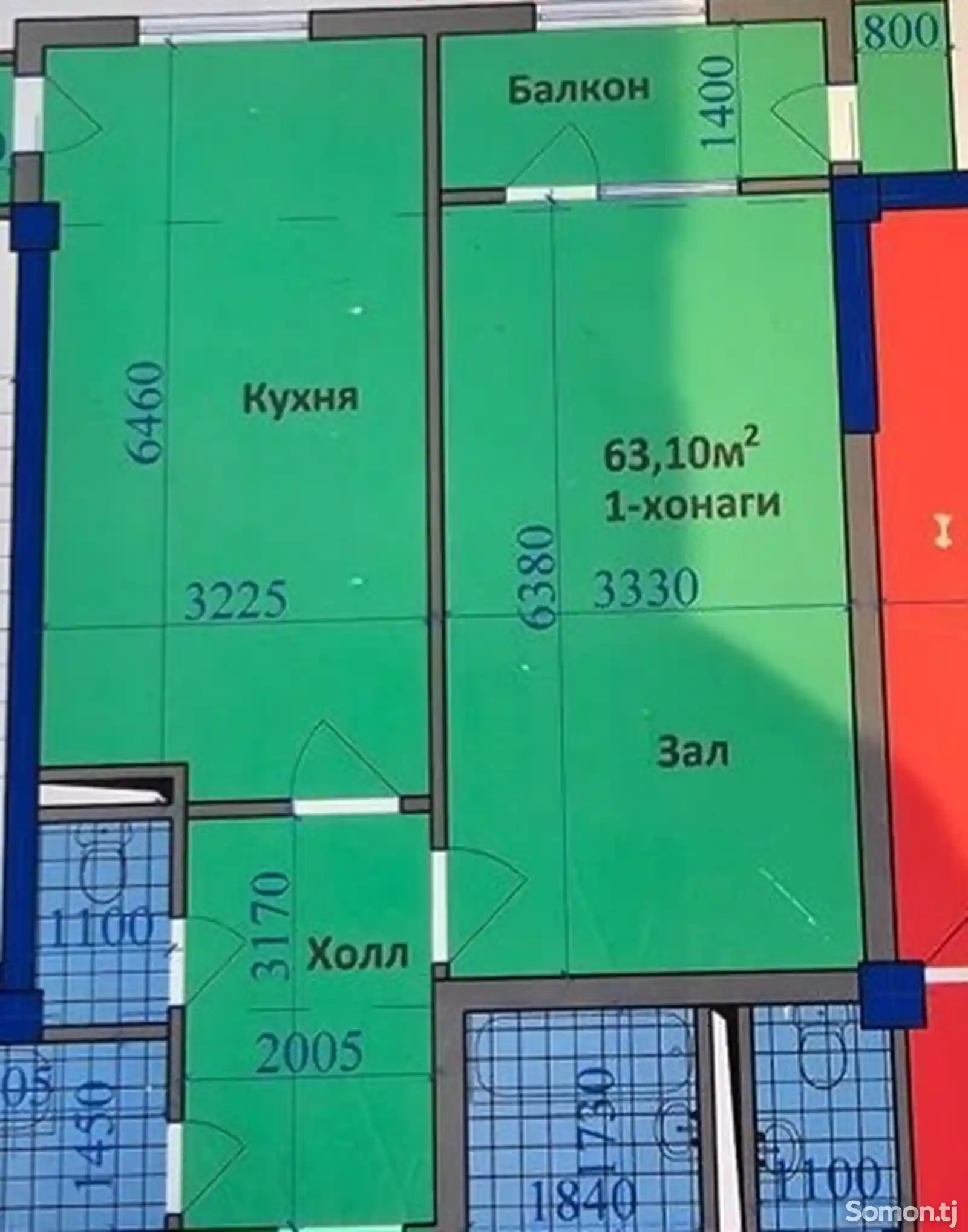 1-комн. квартира, 6 этаж, 65 м², Шохмансур-5