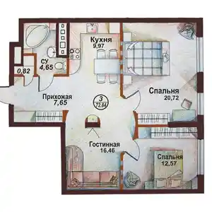 2-комн. квартира, 7 этаж, 68 м², поворот Ленинград