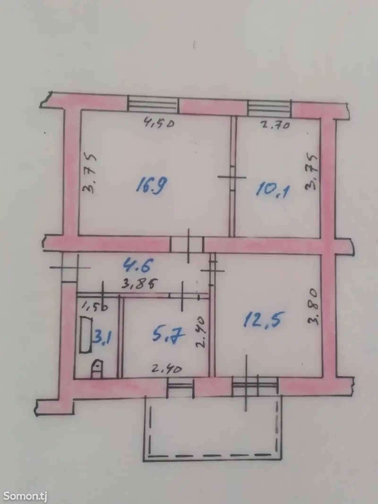 3-комн. квартира, 4 этаж, 60 м², Шохмансур, Док