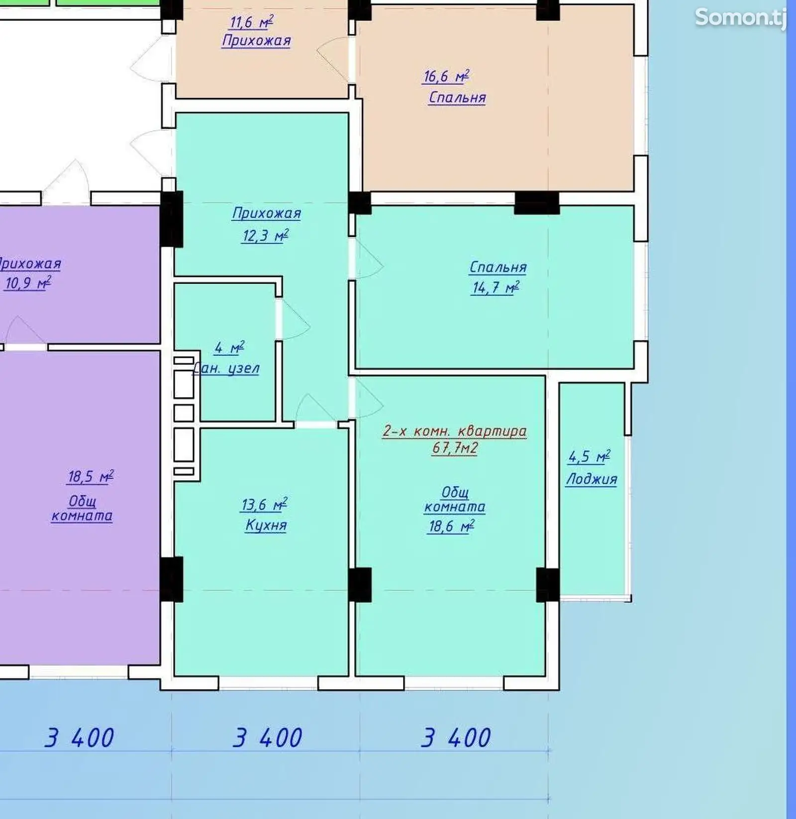 2-комн. квартира, 3 этаж, 67 м², 12 мкр-1