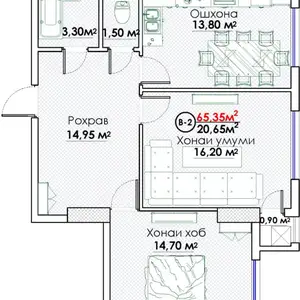 2-комн. квартира, 13 этаж, 65 м², Гардиши Пивозавод ба тарафи с. Спартак