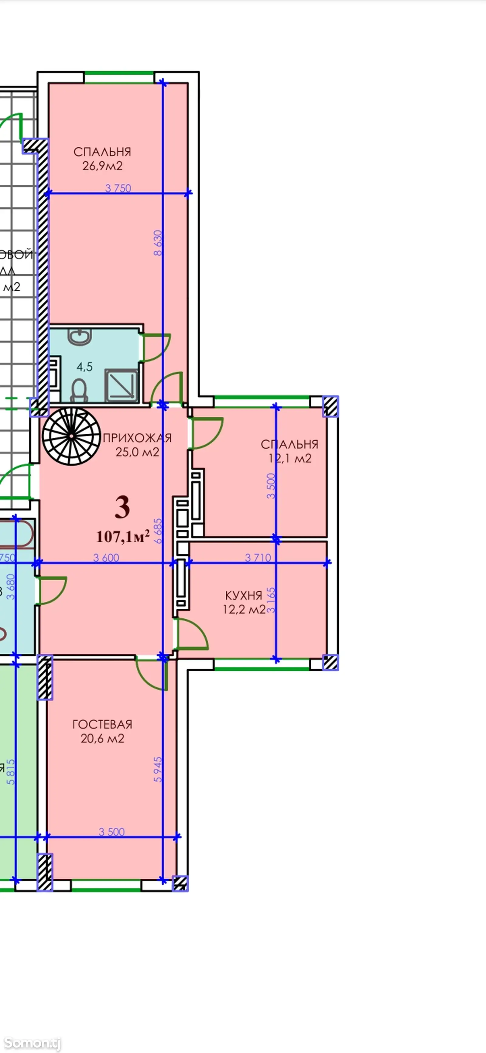 3-комн. квартира, 15 этаж, 107 м², Сомони-2